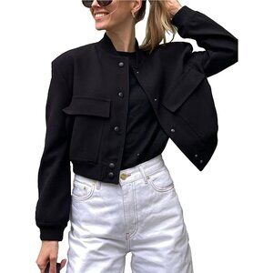 Women's Bomber Varsity Black Button Down Pockets Closure Jacket Cropped Coat